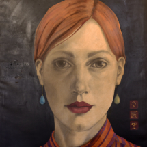 Masetti, Figura femminile e paesaggio, 2018, tecnica mista su tela, 80 x 100